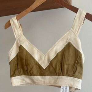 Mon Renn Cream & Olive V-Neck Splice Crop